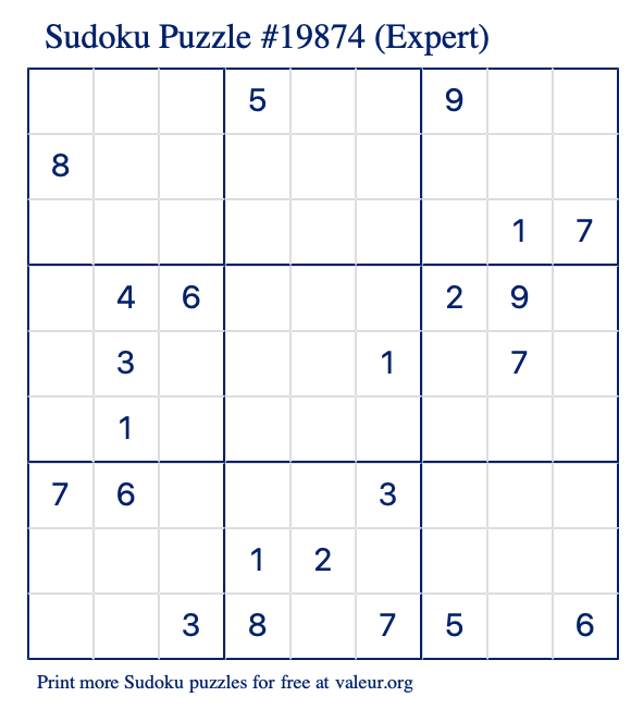 Free Printable Expert Sudoku Puzzle number 19874