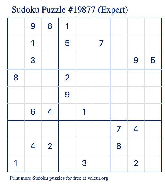 Free Printable Expert Sudoku Puzzle number 19877