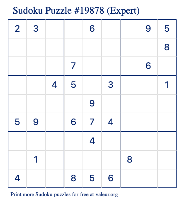 Free Printable Expert Sudoku Puzzle number 19878