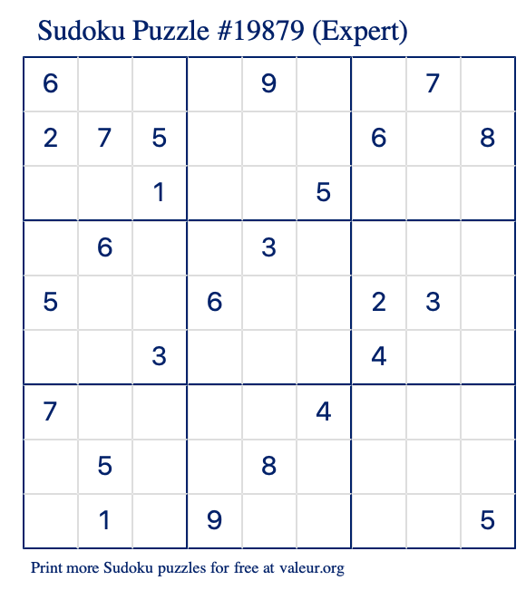 Free Printable Expert Sudoku Puzzle number 19879