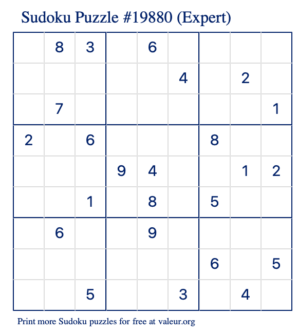 Free Printable Expert Sudoku Puzzle number 19880