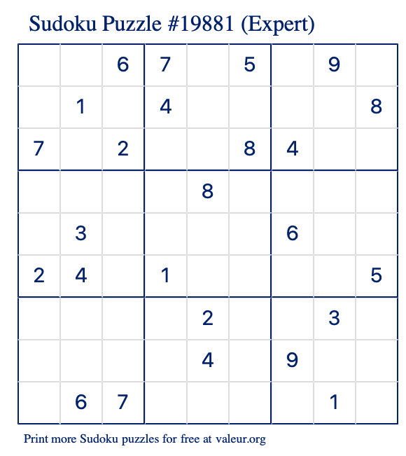 Free Printable Expert Sudoku Puzzle number 19881