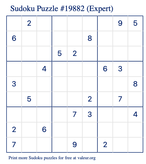 Free Printable Expert Sudoku Puzzle number 19882