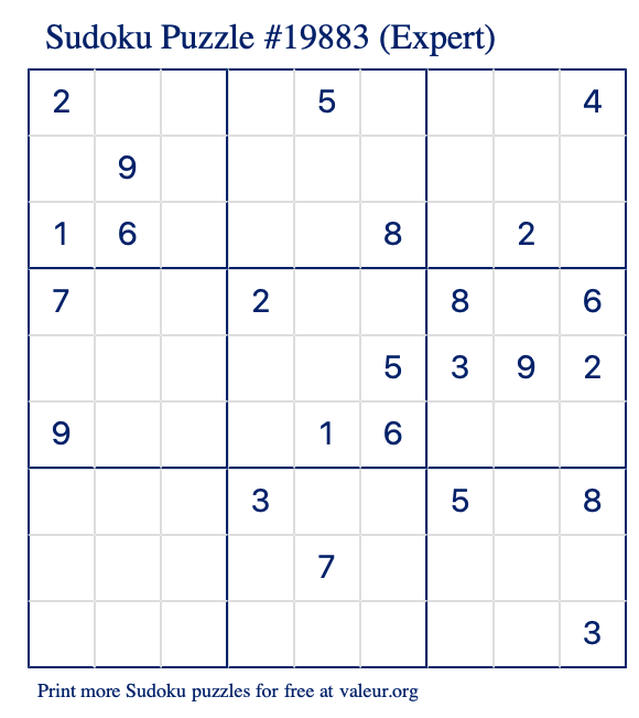 Free Printable Expert Sudoku Puzzle number 19883
