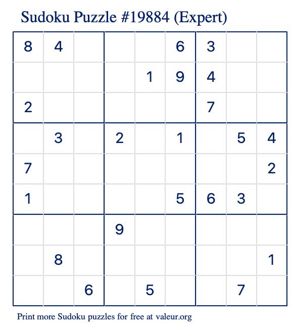 Free Printable Expert Sudoku Puzzle number 19884