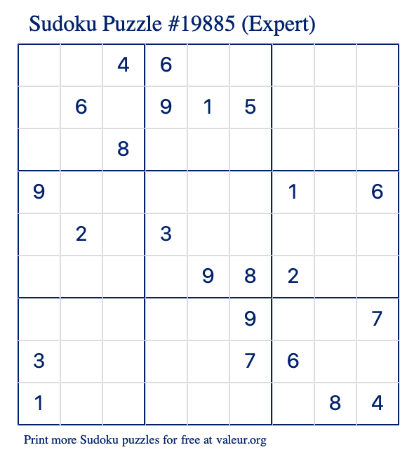 Free Printable Expert Sudoku Puzzle number 19885