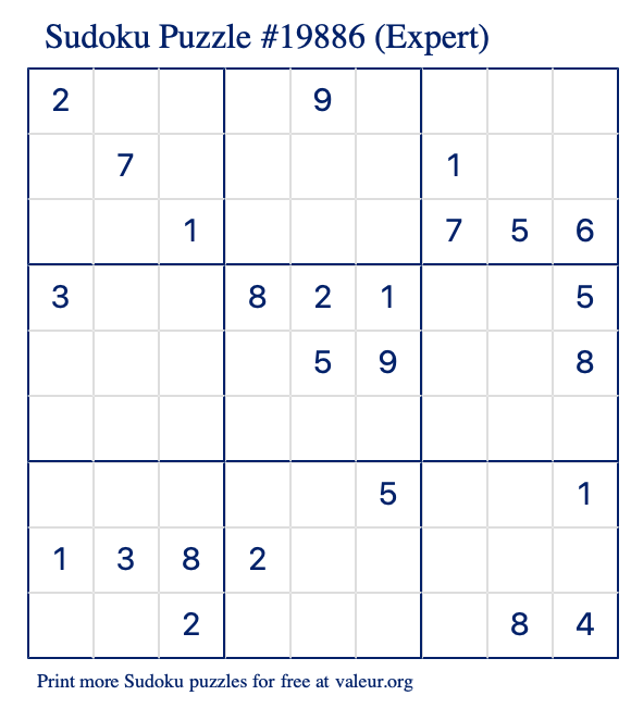 Free Printable Expert Sudoku Puzzle number 19886