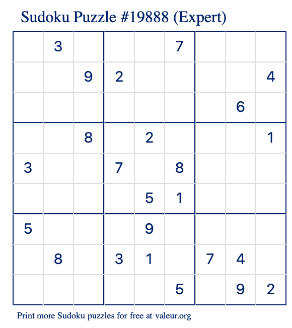 Free Printable Expert Sudoku Puzzle number 19888