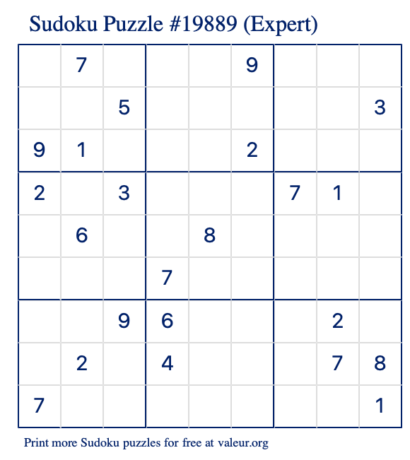 Free Printable Expert Sudoku Puzzle number 19889