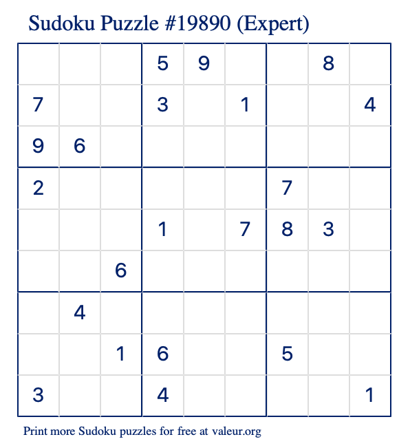 Free Printable Expert Sudoku Puzzle number 19890