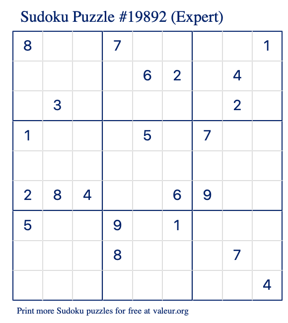 Free Printable Expert Sudoku Puzzle number 19892