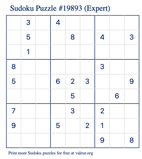 Free Printable Expert Sudoku Puzzle number 19893