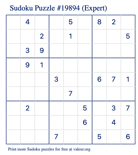 Free Printable Expert Sudoku Puzzle number 19894