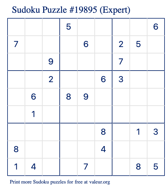 Free Printable Expert Sudoku Puzzle number 19895