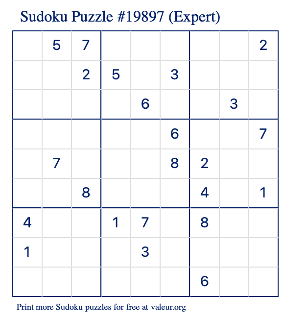 Free Printable Expert Sudoku Puzzle number 19897