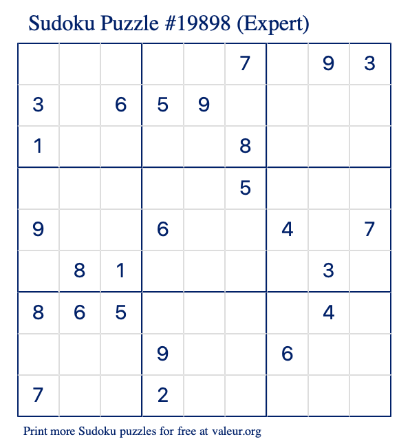 Free Printable Expert Sudoku Puzzle number 19898