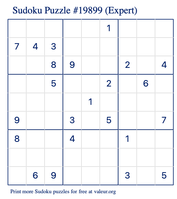 Free Printable Expert Sudoku Puzzle number 19899