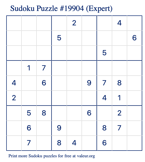 Free Printable Expert Sudoku Puzzle number 19904
