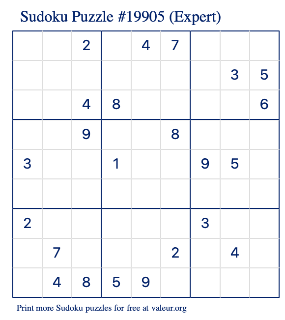 Free Printable Expert Sudoku Puzzle number 19905
