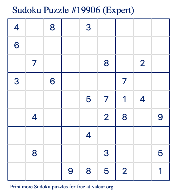 Free Printable Expert Sudoku Puzzle number 19906