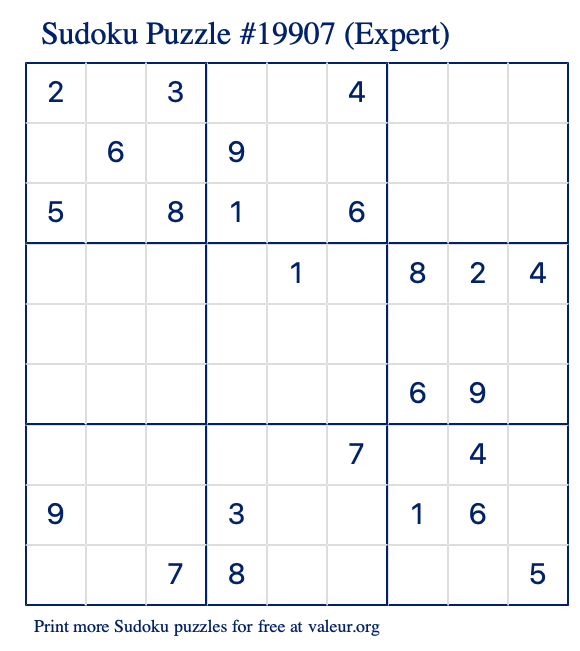 Free Printable Expert Sudoku Puzzle number 19907