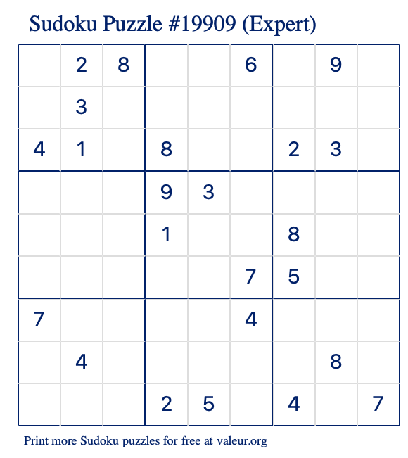 Free Printable Expert Sudoku Puzzle number 19909