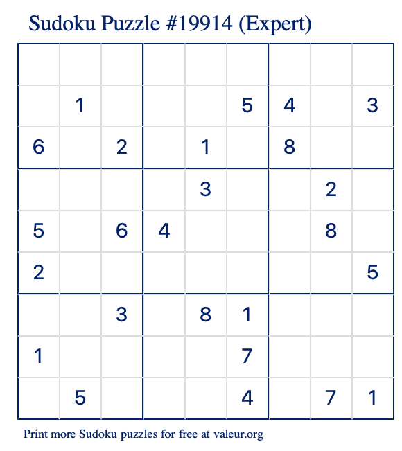 Free Printable Expert Sudoku Puzzle number 19914