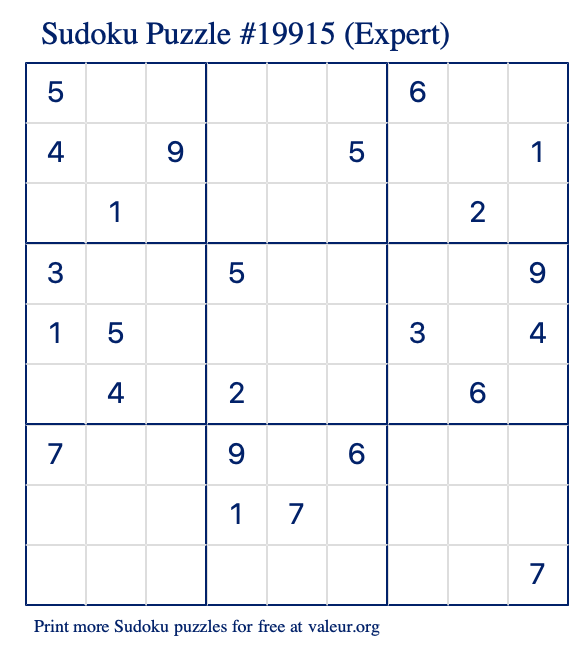 Free Printable Expert Sudoku Puzzle number 19915