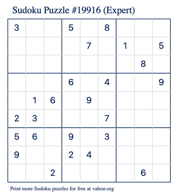 Free Printable Expert Sudoku Puzzle number 19916