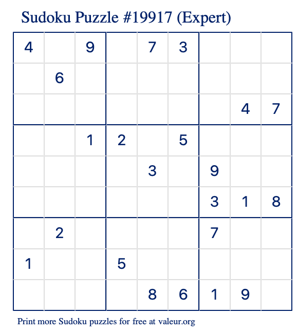 Free Printable Expert Sudoku Puzzle number 19917