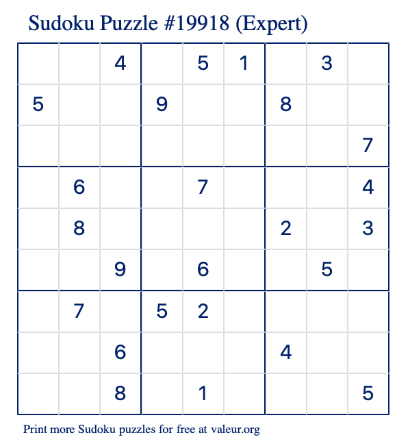 Free Printable Expert Sudoku Puzzle number 19918