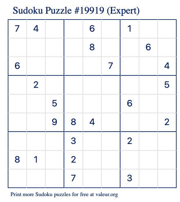 Free Printable Expert Sudoku Puzzle number 19919