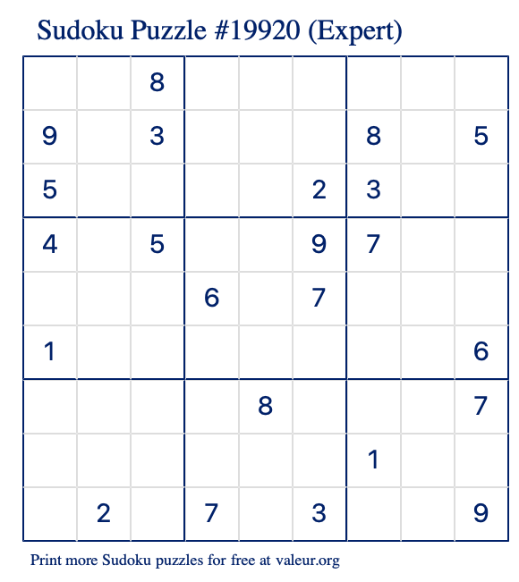 Free Printable Expert Sudoku Puzzle number 19920