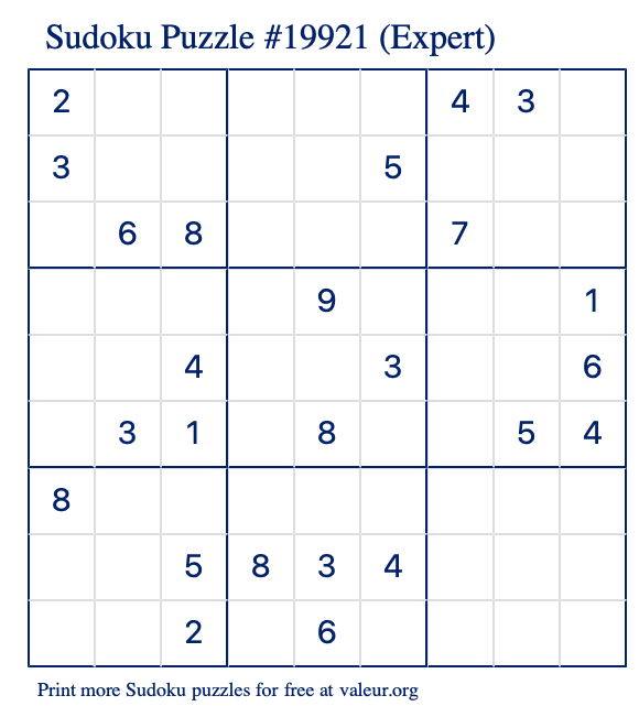 Free Printable Expert Sudoku Puzzle number 19921