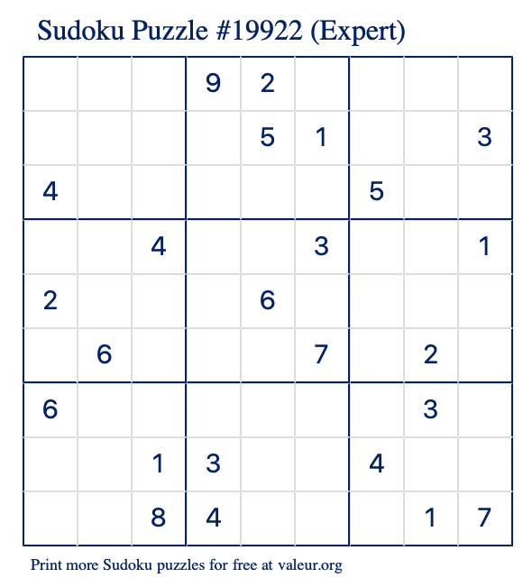 Free Printable Expert Sudoku Puzzle number 19922