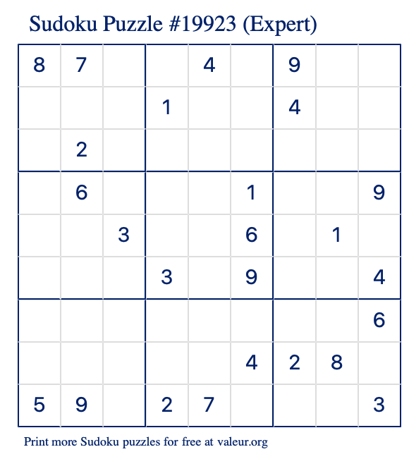 Free Printable Expert Sudoku Puzzle number 19923