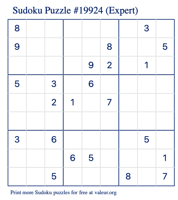 Free Printable Expert Sudoku Puzzle number 19924