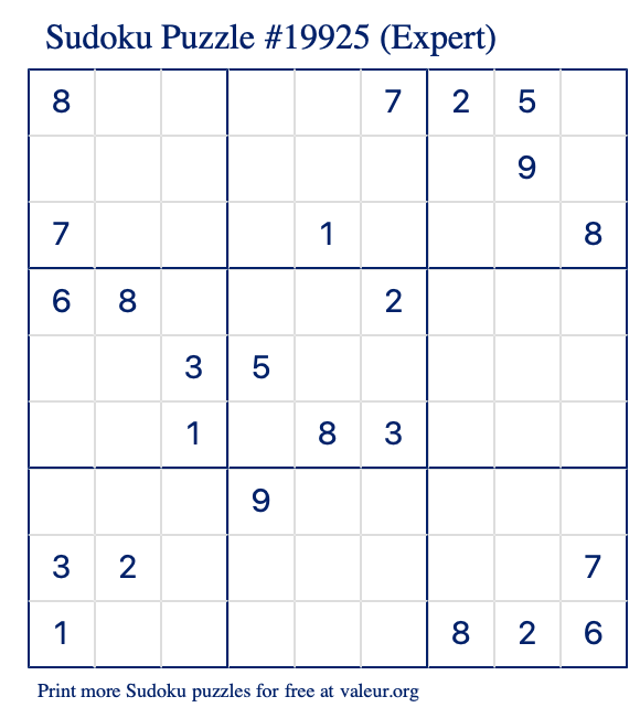 Free Printable Expert Sudoku Puzzle number 19925