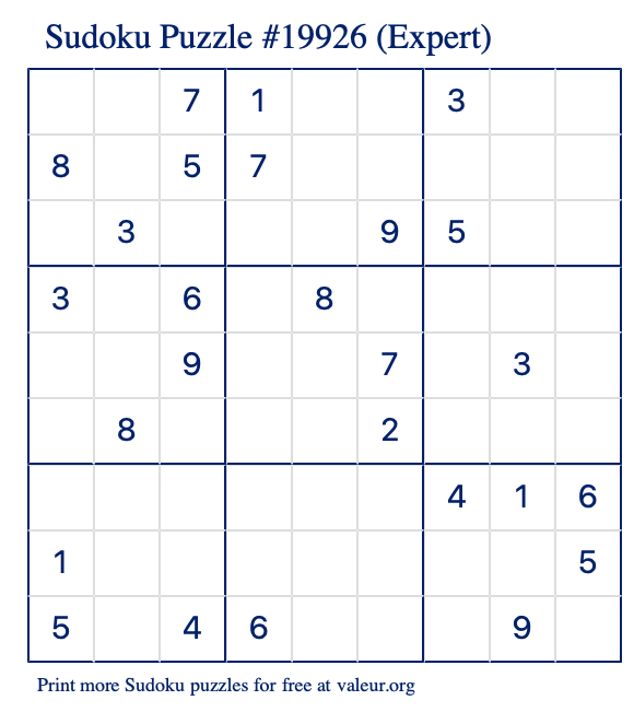 Free Printable Expert Sudoku Puzzle number 19926