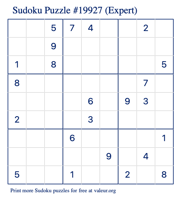 Free Printable Expert Sudoku Puzzle number 19927