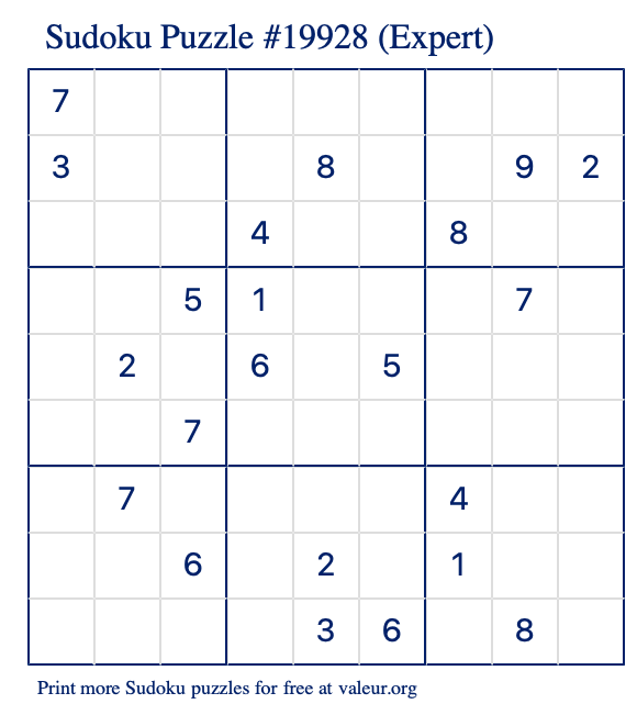 Free Printable Expert Sudoku Puzzle number 19928