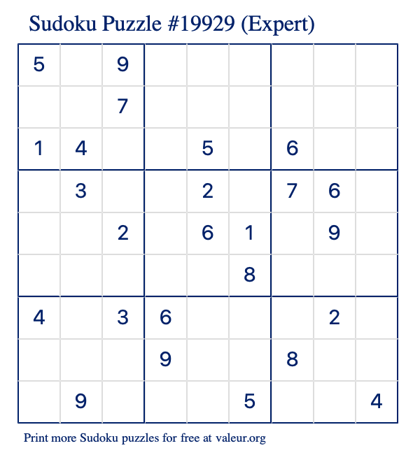 Free Printable Expert Sudoku Puzzle number 19929