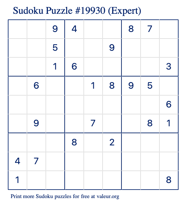 Free Printable Expert Sudoku Puzzle number 19930