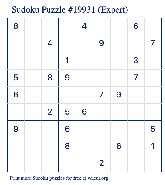 Free Printable Expert Sudoku Puzzle number 19931