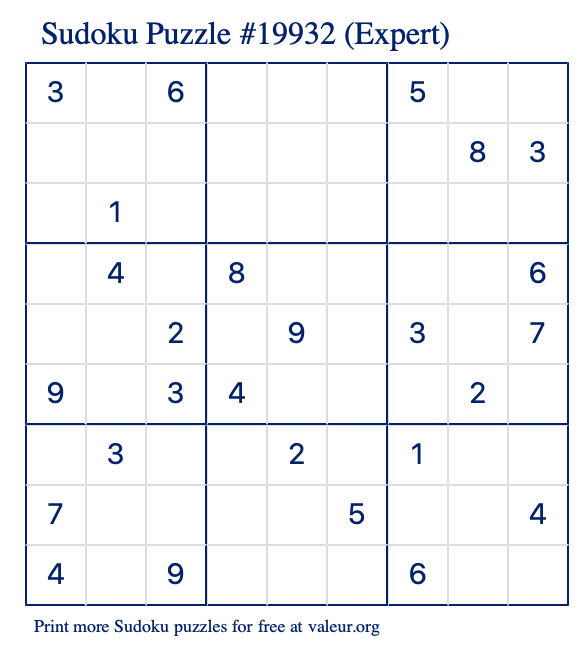 Free Printable Expert Sudoku Puzzle number 19932