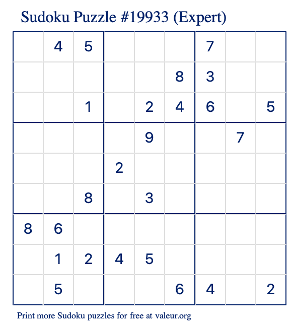 Free Printable Expert Sudoku Puzzle number 19933