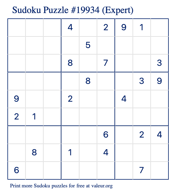 Free Printable Expert Sudoku Puzzle number 19934