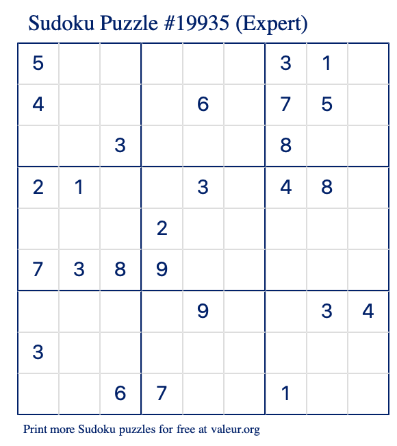 Free Printable Expert Sudoku Puzzle number 19935