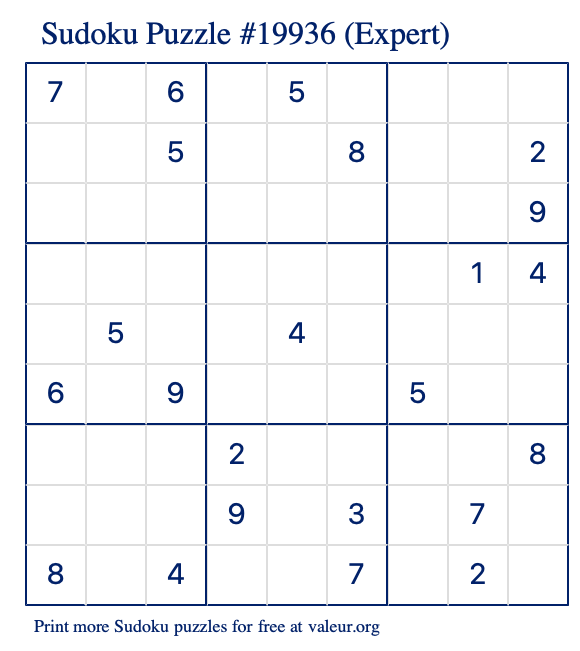 Free Printable Expert Sudoku Puzzle number 19936