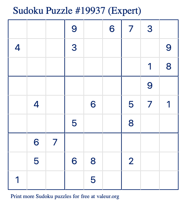 Free Printable Expert Sudoku Puzzle number 19937